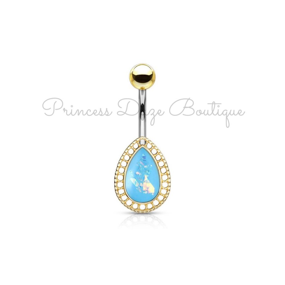Gold Blue Opal Tear Drop Belly Button Ring